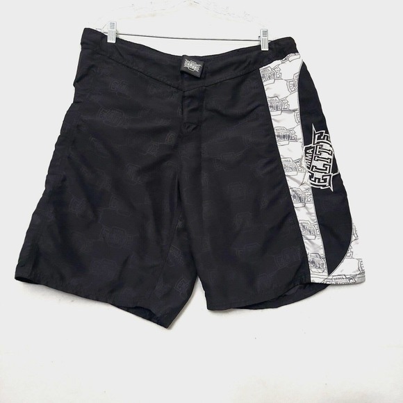 MMA Elite Fight Shorts Mens L Wrestle Board Swim Trunk Black All Over Logo Print - Picture 1 of 9